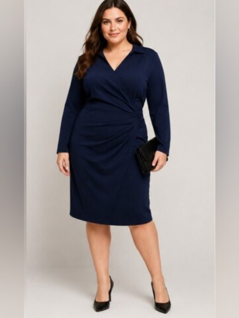London Times Navy Ruched Waist Dress Plus Size 24W Long Sleeve Sheath